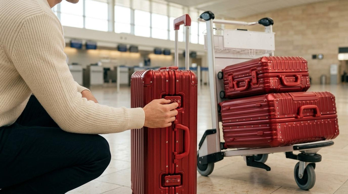 Traveler setting the combination lock on a red aluminum suitcase beside a luggage cart in an airport